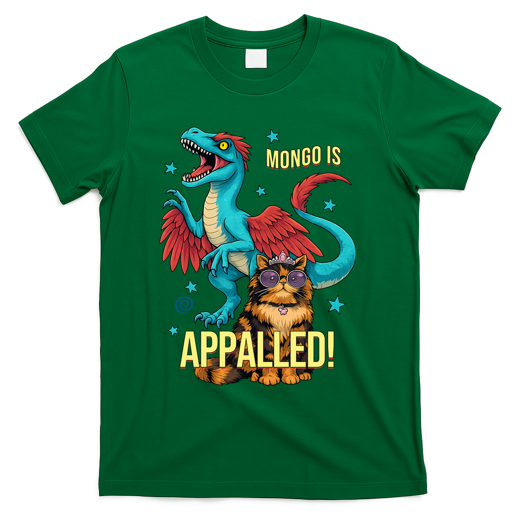 Mongo Is Appalled Princess Cat Riding Dinosaur T-Shirt - Green
