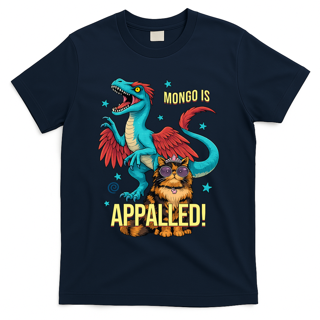 Mongo Is Appalled Princess Cat Riding Dinosaur T-Shirt - Navy