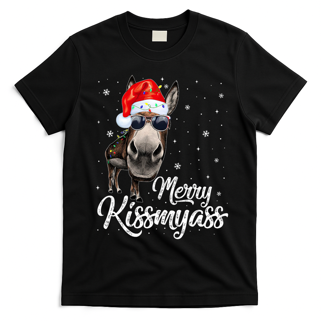 Merry Kissmyass Donkey Sarcastic Xmas Funny Pajama Christmas T-Shirt - Black