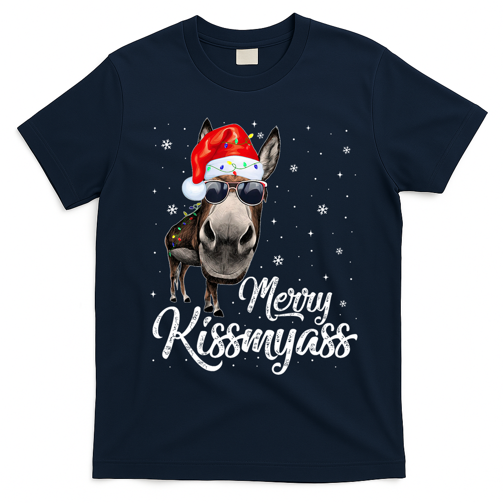 Merry Kissmyass Donkey Sarcastic Xmas Funny Pajama Christmas T-Shirt - Navy Blue