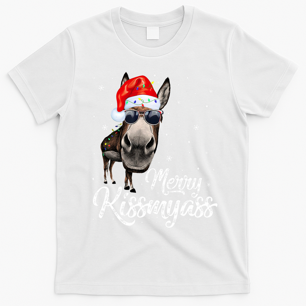 Merry Kissmyass Donkey Sarcastic Xmas Funny Pajama Christmas T-Shirt - White