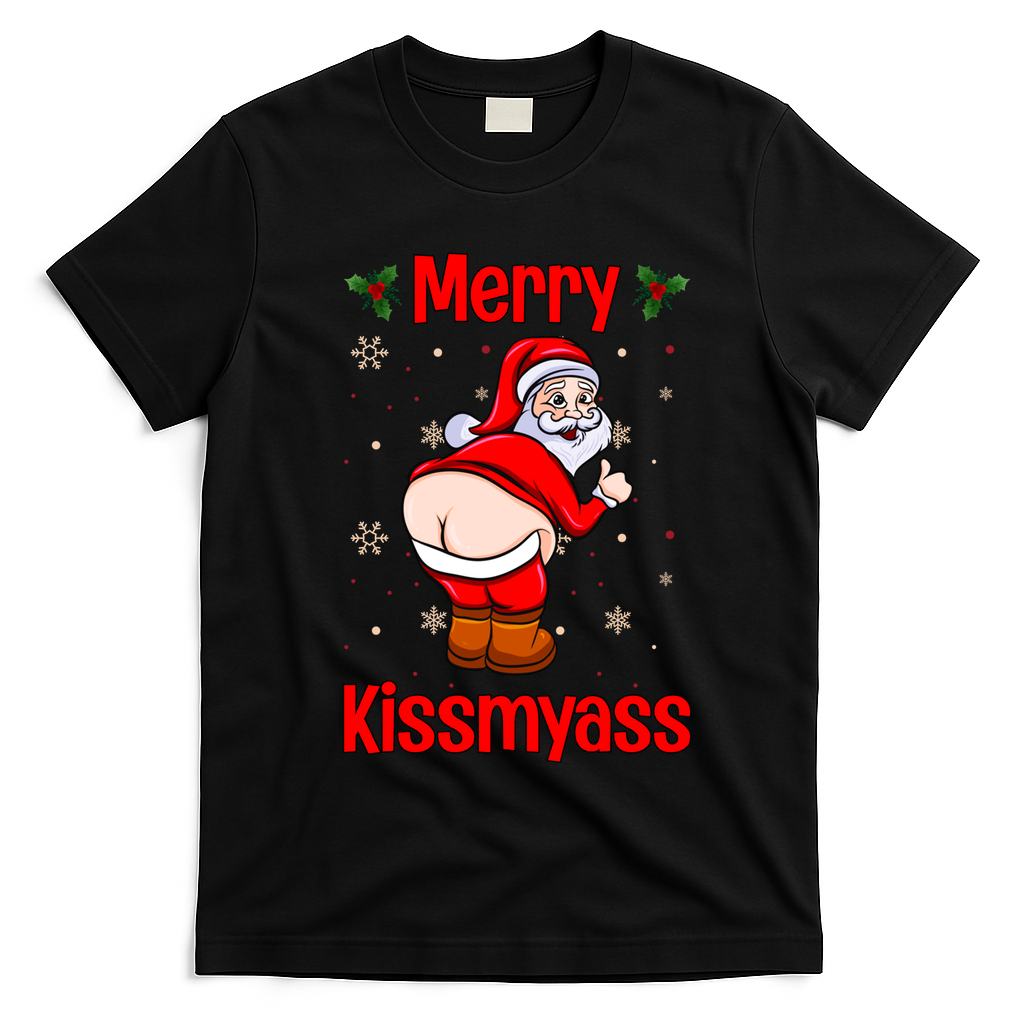 Merry Kissmyass Funny Santa Christmas T-Shirt - Black