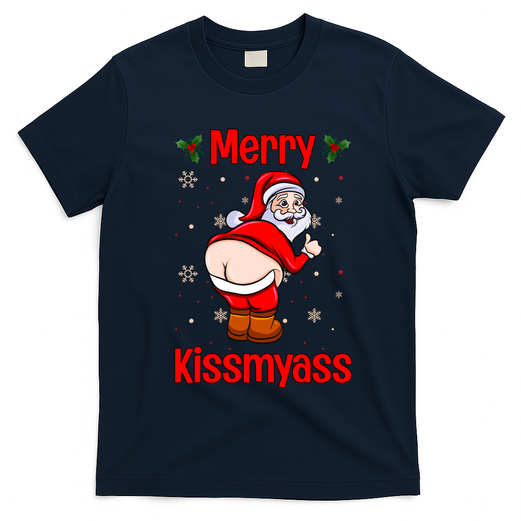 Merry Kissmyass Funny Santa Christmas T-Shirt - Navy Blue