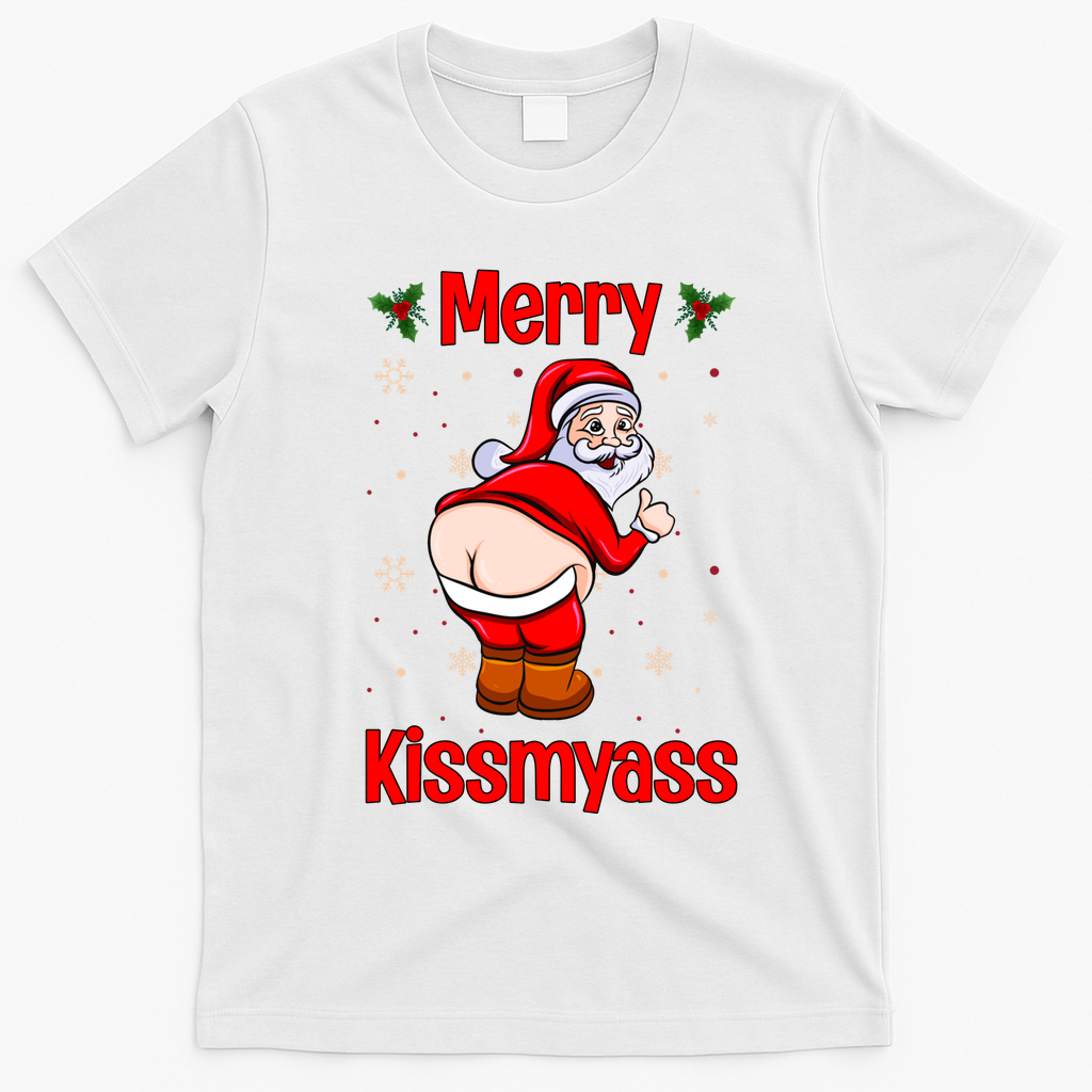 Merry Kissmyass Funny Santa Christmas T-Shirt - White