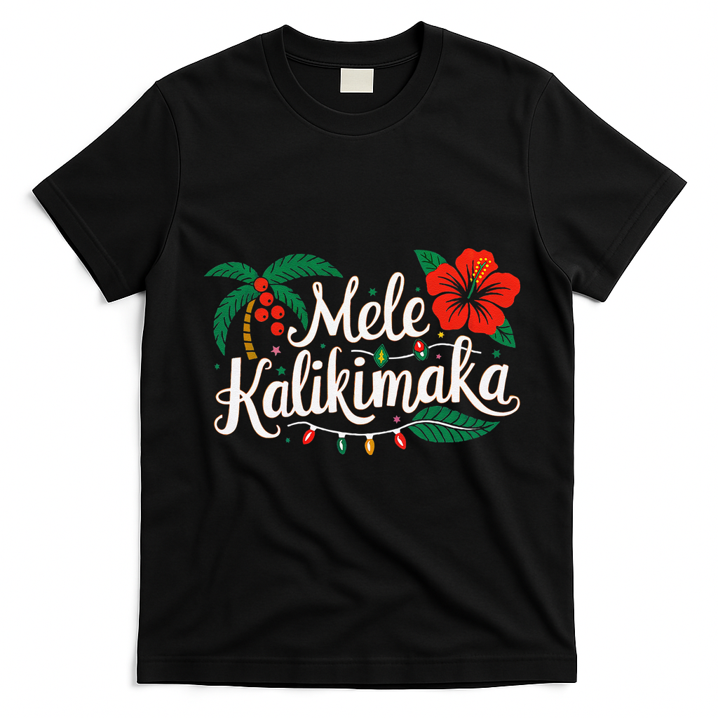 Mele Kalikimaka Hibiscus Palm Waikiki Big Island Christmas T-Shirt - Black