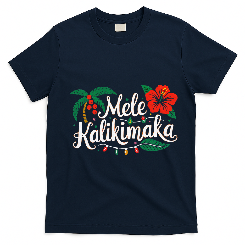 Mele Kalikimaka Hibiscus Palm Waikiki Big Island Christmas T-Shirt - Navy Blue