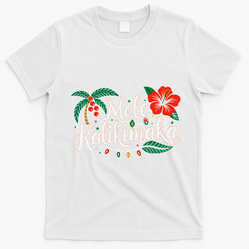 Mele Kalikimaka Hibiscus Palm Waikiki Big Island Christmas T-Shirt - White