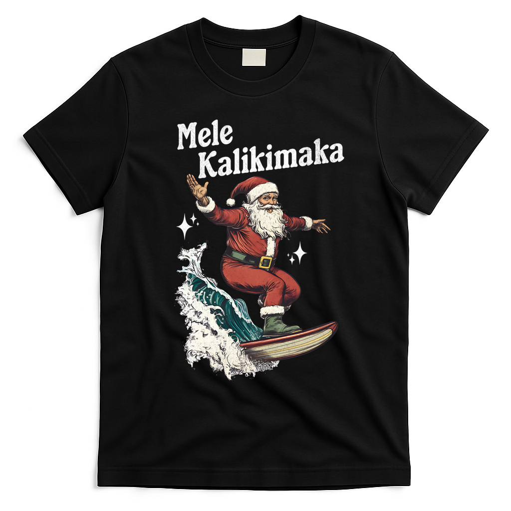 Mele Kalikimaka Hawaiian Christmas Surfing Santa Gift T-Shirt - Black