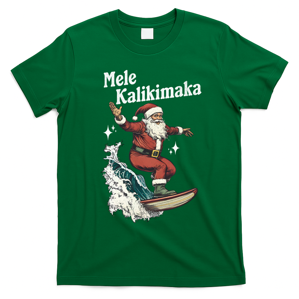 Mele Kalikimaka Hawaiian Christmas Surfing Santa Gift T-Shirt - Irish Green