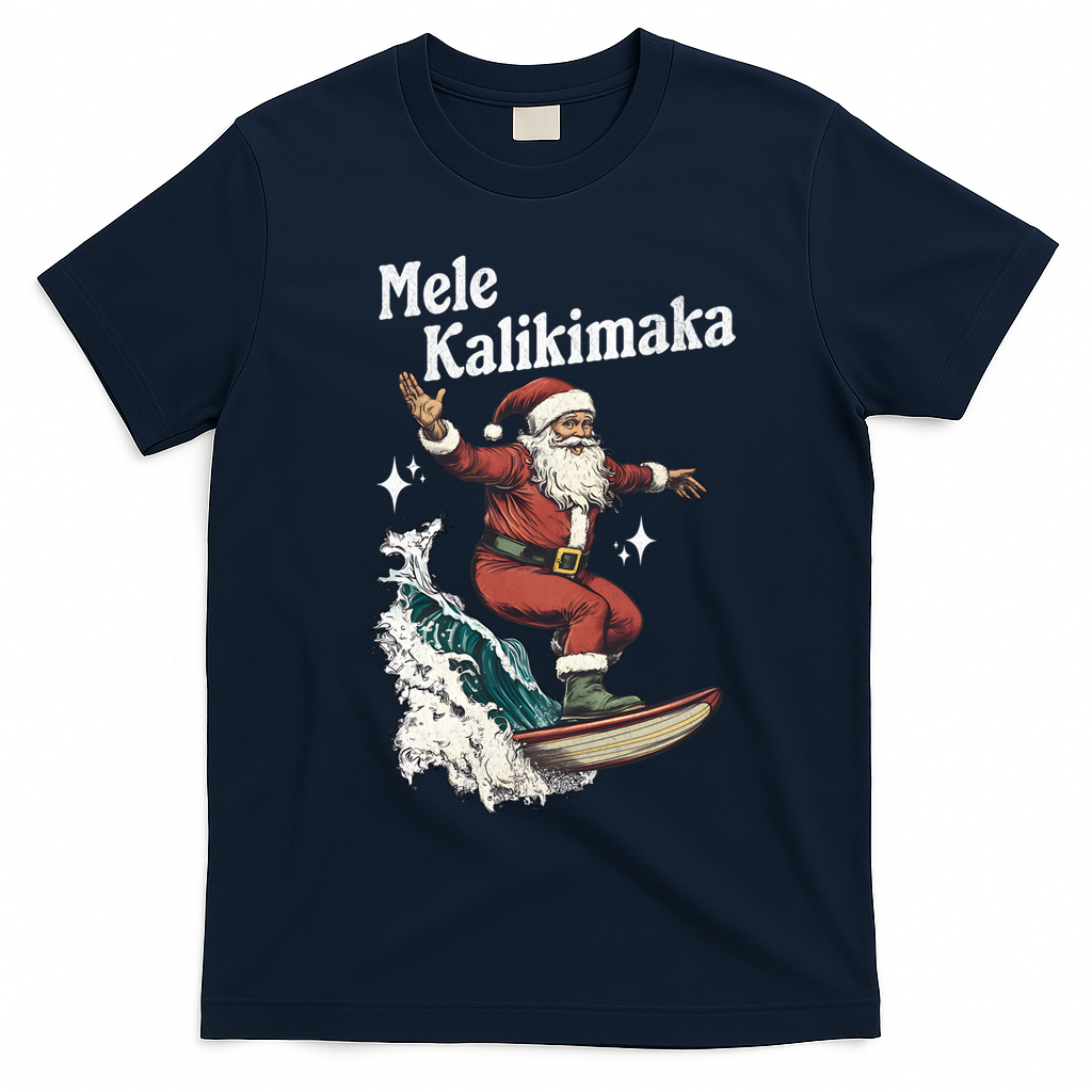 Mele Kalikimaka Hawaiian Christmas Surfing Santa Gift T-Shirt - Navy Blue