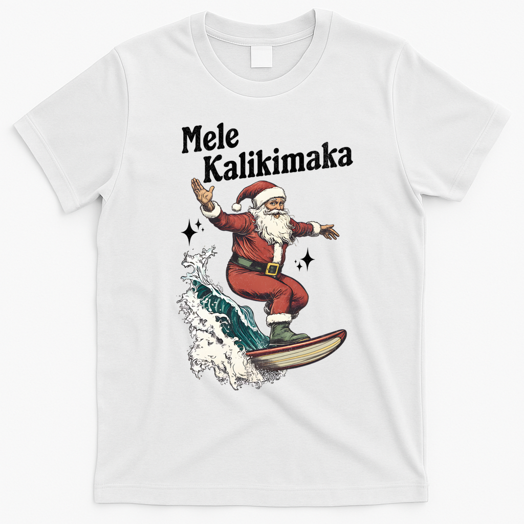 Mele Kalikimaka Hawaiian Christmas Surfing Santa Gift T-Shirt - White
