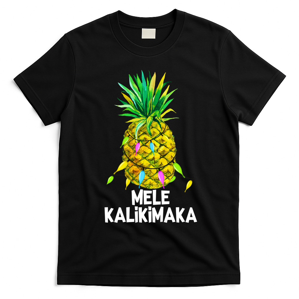 Mele Kalikimaka Pineapple Christmas Lights T-Shirt - Black