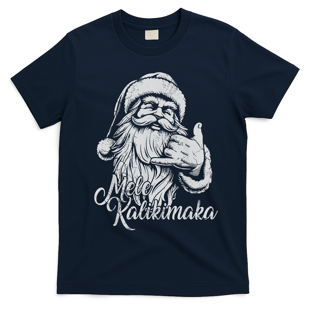 Mele Kalikimaka Santa Claus Hawaiian Christmas Hawaii Spirit T-Shirt - Navy Blue