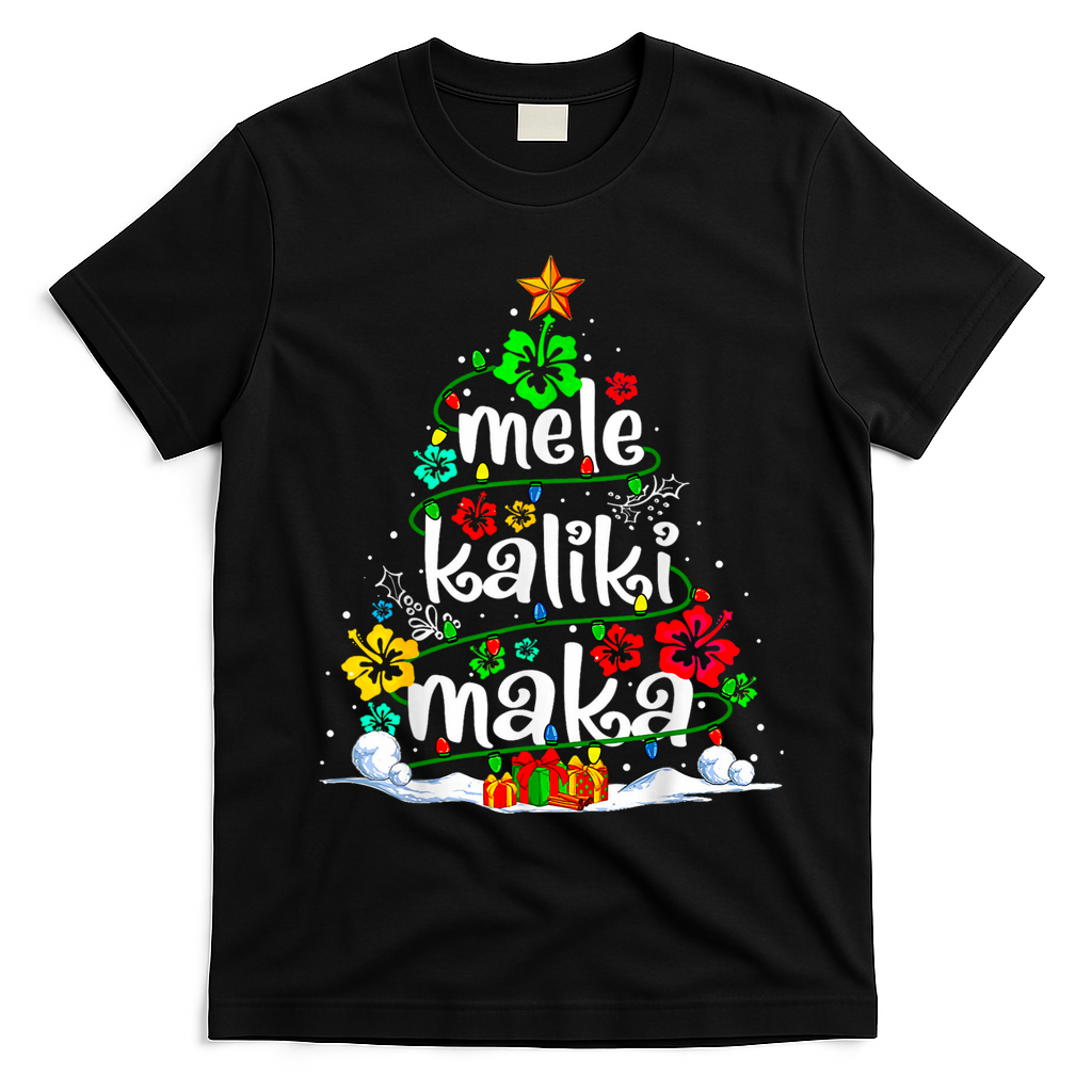 Mele Kalikimaka Tropical Christmas Hawaiian Santa Xmas Tree T-Shirt - Black