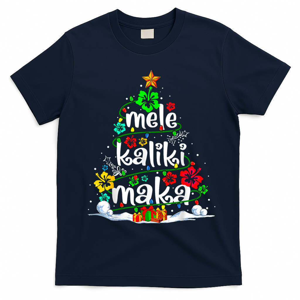 Mele Kalikimaka Tropical Christmas Hawaiian Santa Xmas Tree T-Shirt - Navy Blue