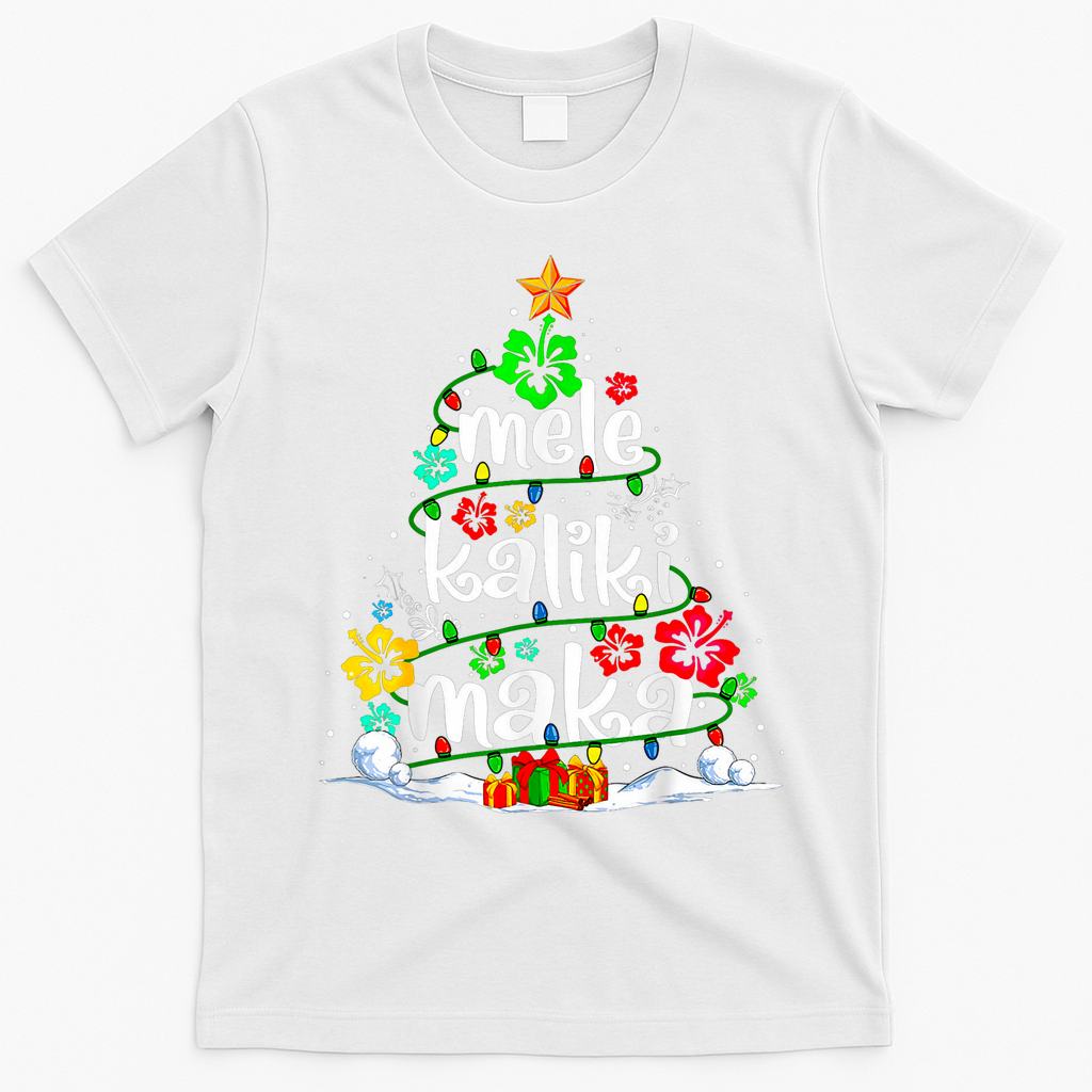 Mele Kalikimaka Tropical Christmas Hawaiian Santa Xmas Tree T-Shirt - White