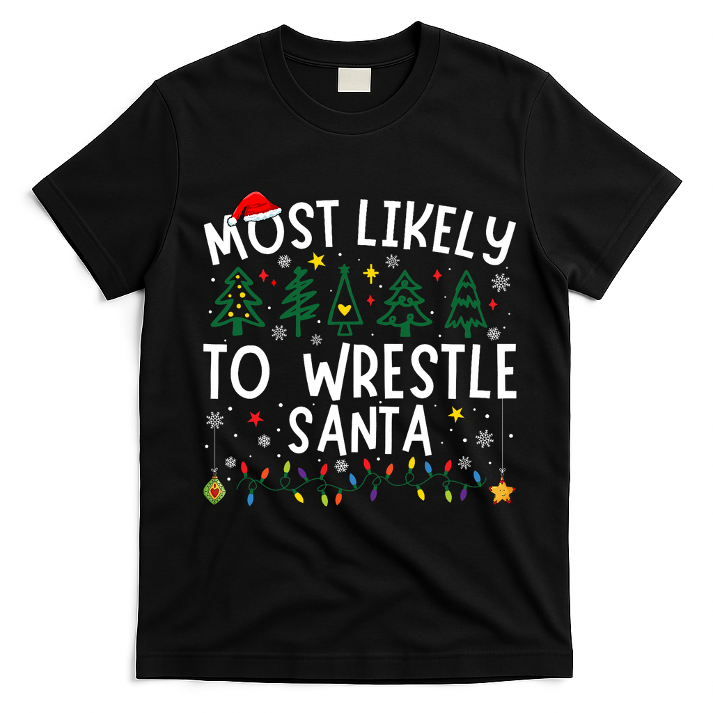 Most Likely To Wrestle Santa Matching Christmas T-Shirt - Black