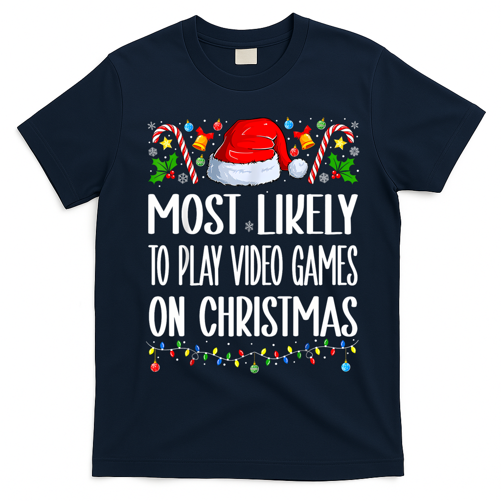 Most Likely To Play Video Games On Christmas Funny Pajamas T-Shirt - Navy Blue