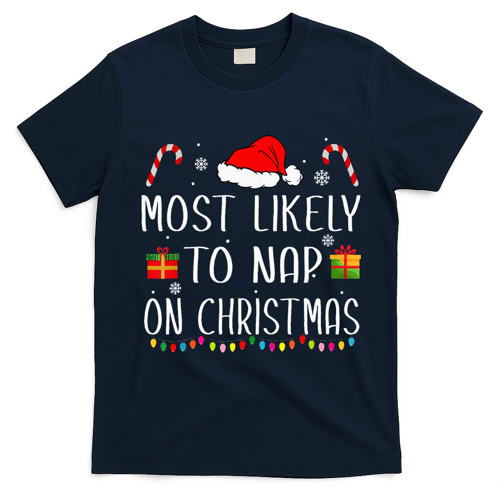Most Likely To Nap On Christmas Family Funny Matching T-Shirt - Navy Blue