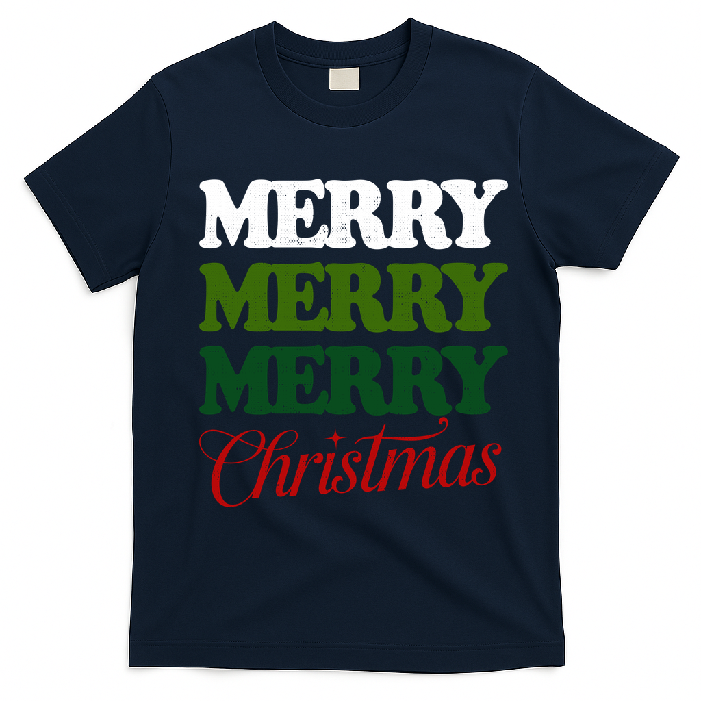 Merry Merry Merry Christmas T-Shirt - Navy Blue