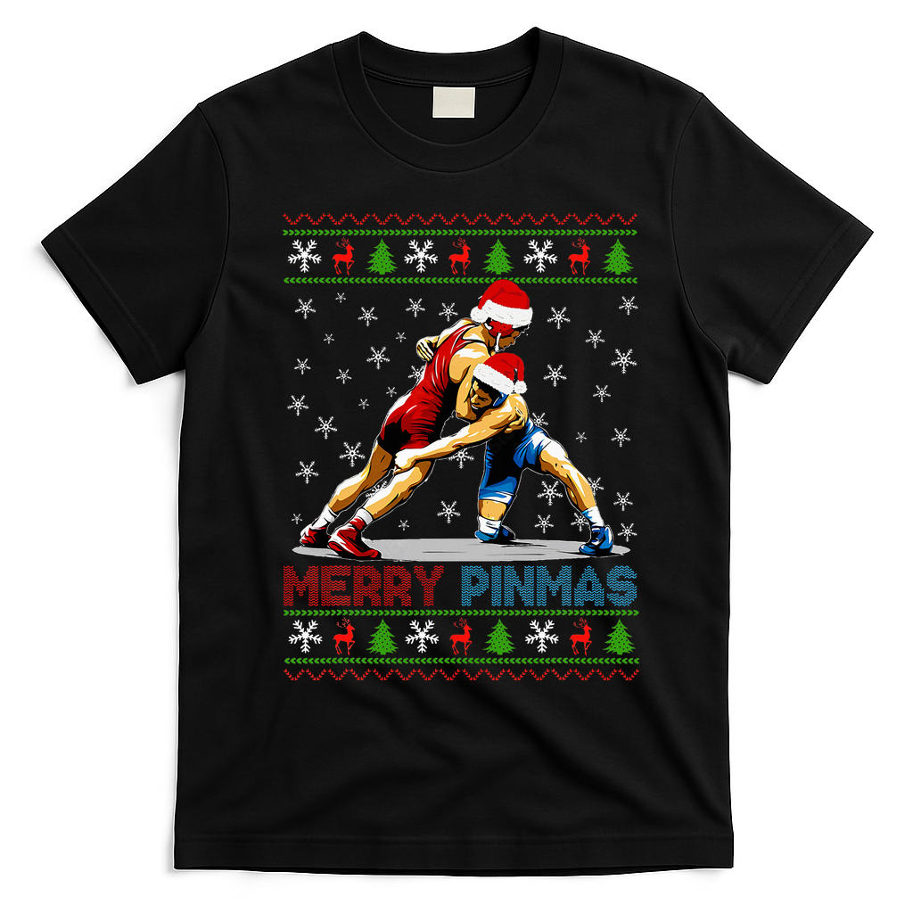 Merry Pinmas Ugly Christmas Santa Claus Wrestling T-Shirt - Black