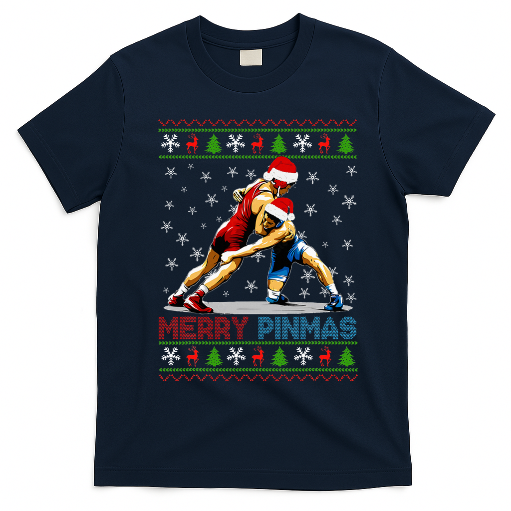 Merry Pinmas Ugly Christmas Santa Claus Wrestling T-Shirt - Navy Blue