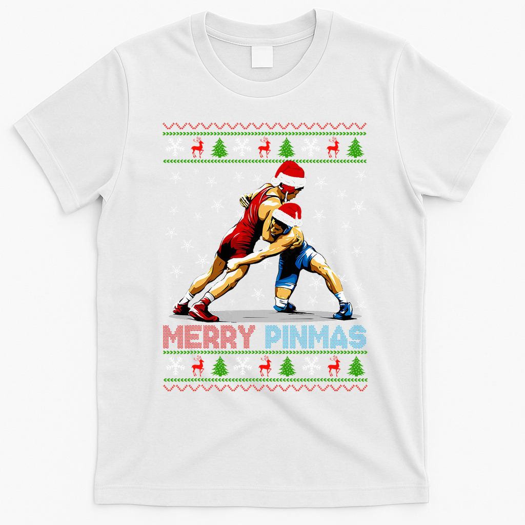 Merry Pinmas Ugly Christmas Santa Claus Wrestling T-Shirt - White