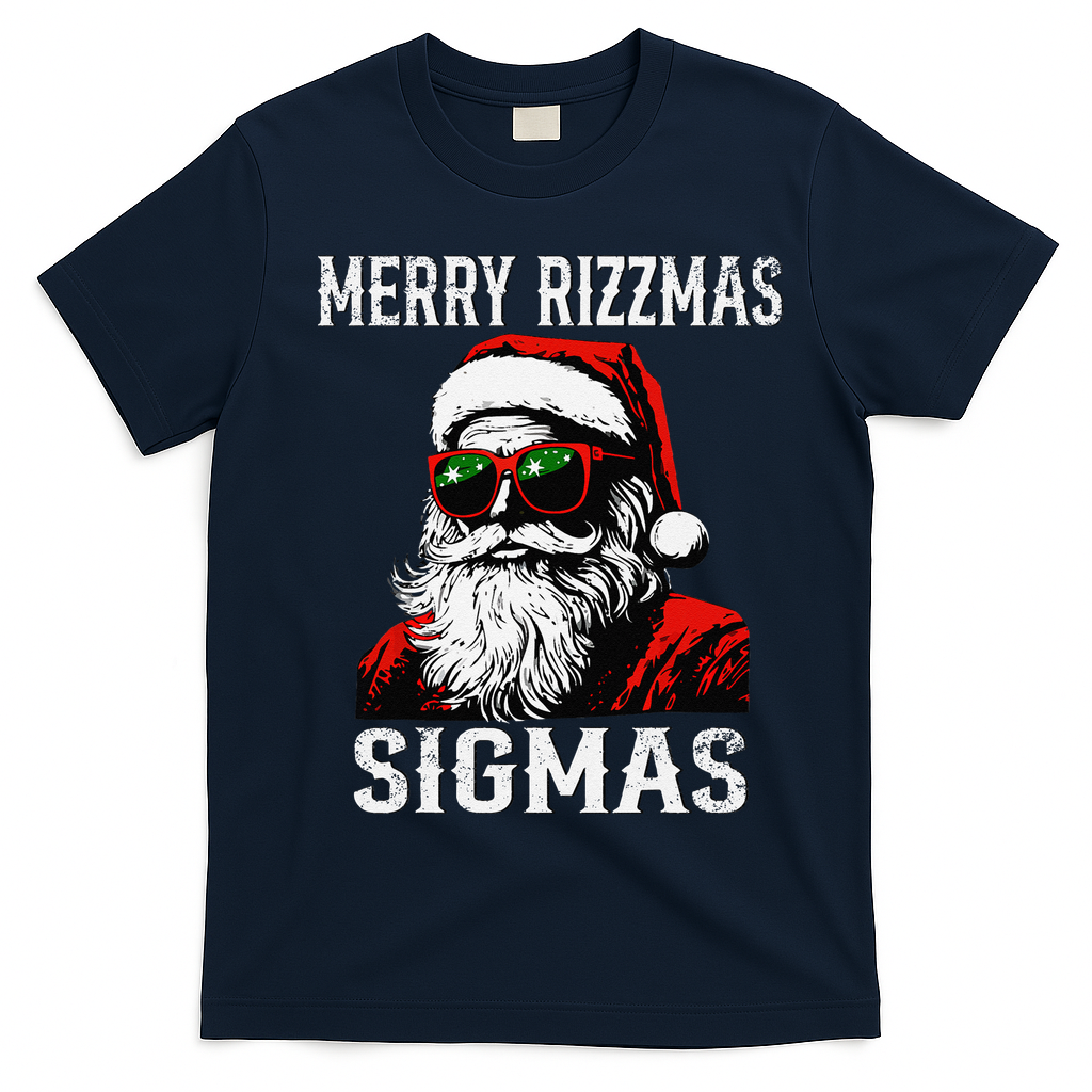 Merry Rizzmas Teens School Retro Christmas Santa Claus T-Shirt - Navy Blue