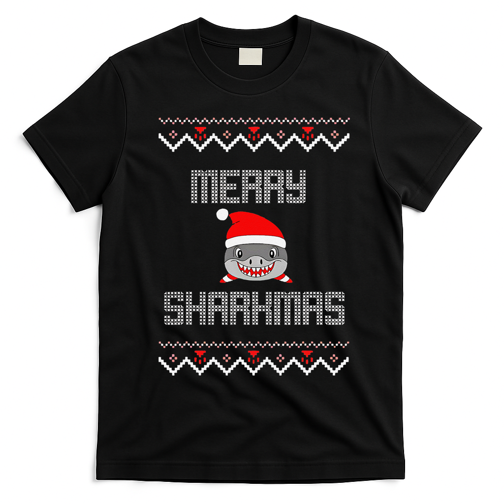 Merry Sharkmas Christmas Funny Shark Ugly Xmas T-Shirt - Black