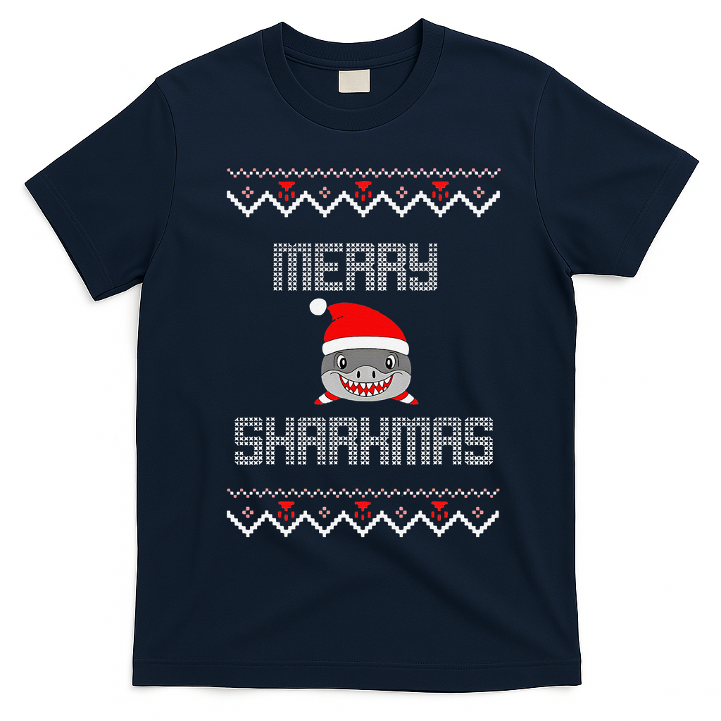 Merry Sharkmas Christmas Funny Shark Ugly Xmas T-Shirt - Navy Blue
