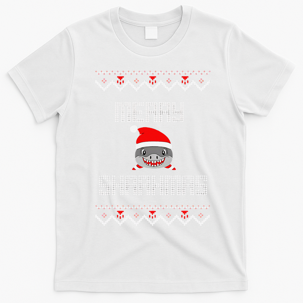 Merry Sharkmas Christmas Funny Shark Ugly Xmas T-Shirt - White