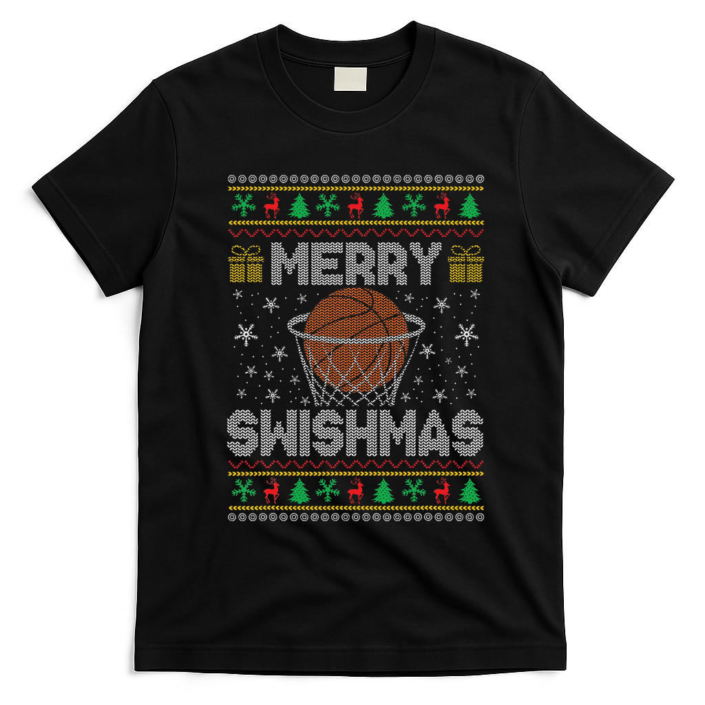 Merry Swishmas Ugly Christmas Sweater Basketball Christmas T-Shirt - Black