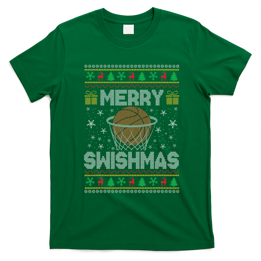 Merry Swishmas Ugly Christmas Sweater Basketball Christmas T-Shirt - Irish Green