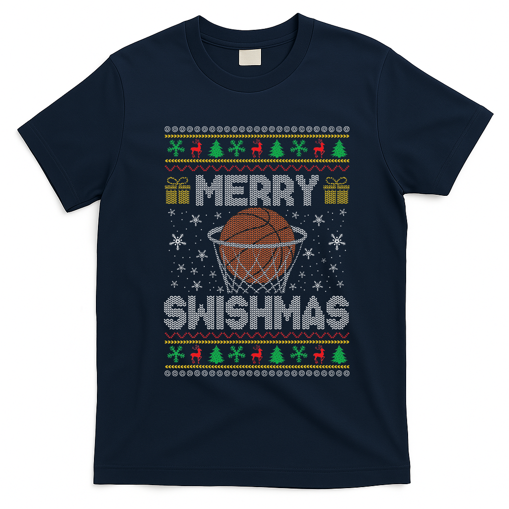 Merry Swishmas Ugly Christmas Sweater Basketball Christmas T-Shirt - Navy Blue