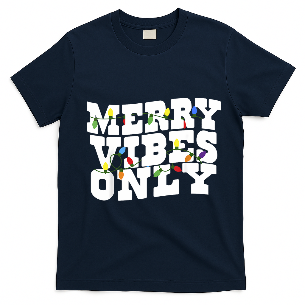 Merry Vibes Only Christmas Light T-Shirt - Navy Blue