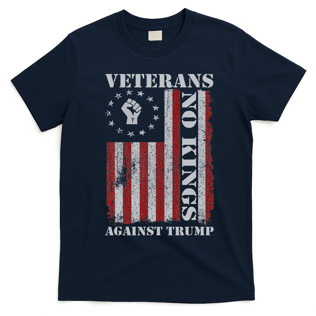 Military Veterans Protest USA Flag No Kings America Protest Gift T-Shirt - Navy Blue