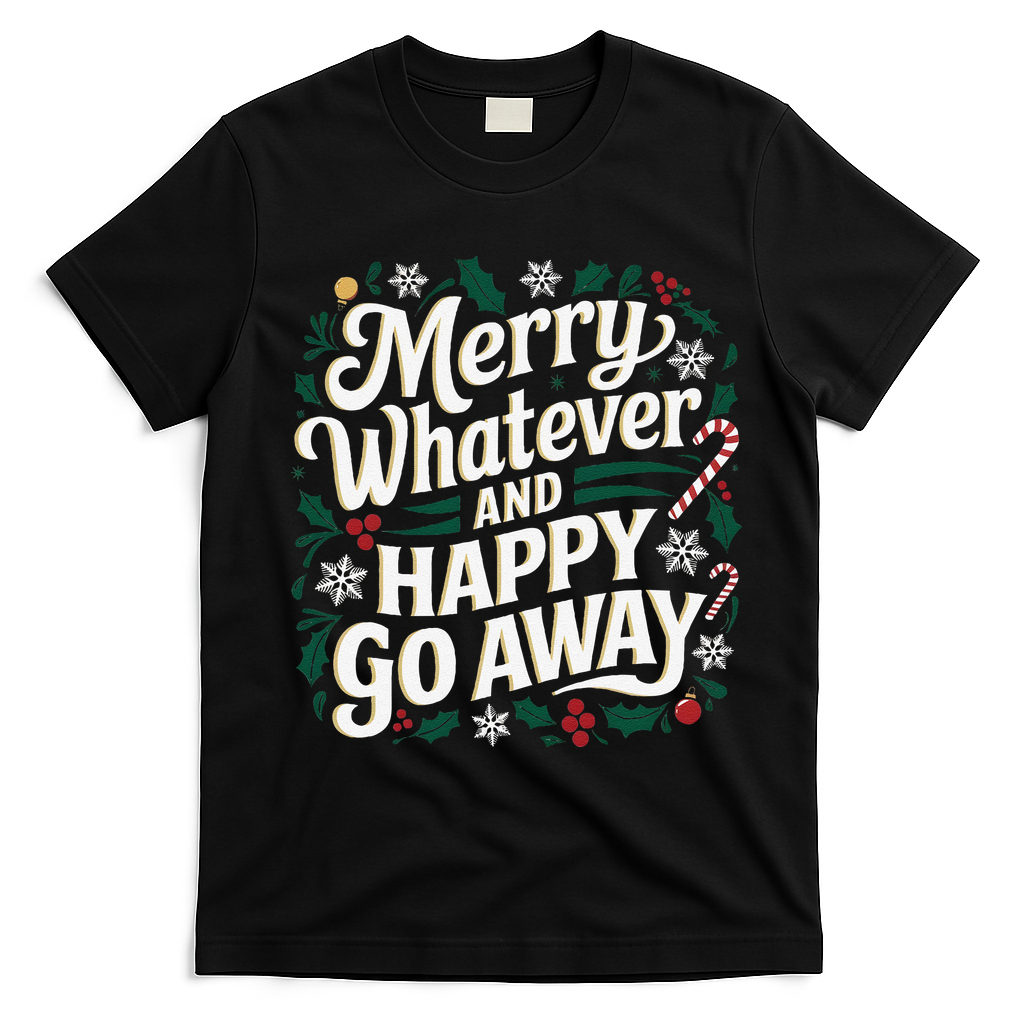 Merry Whatever And Happy Go Away Christmas Funny Quote T-Shirt - Black