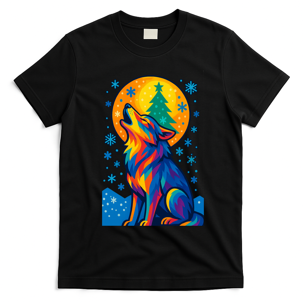 Moonlit Wolf On A Christmas Night T-Shirt - Black