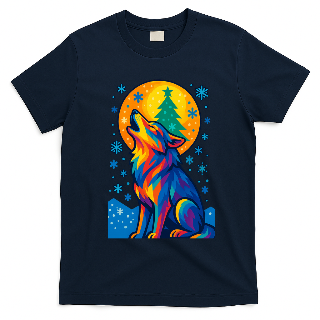 Moonlit Wolf On A Christmas Night T-Shirt - Navy Blue