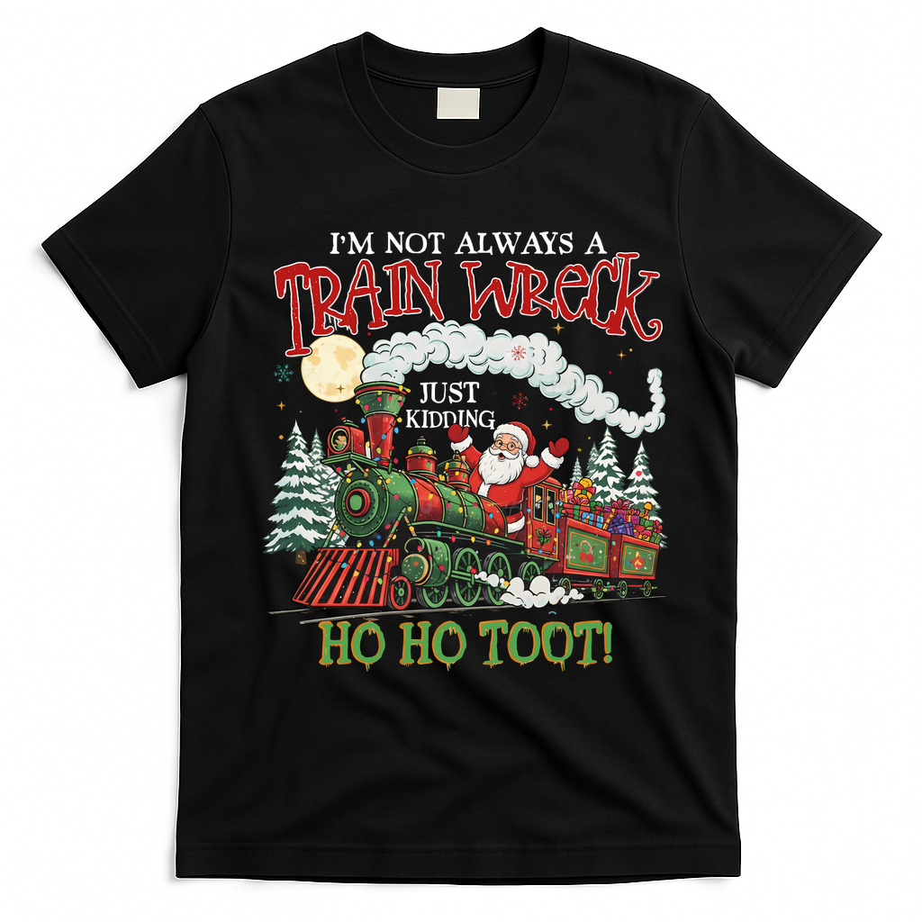 Not Always A Train Wreck Christmas Funny Santa T-Shirt - Black