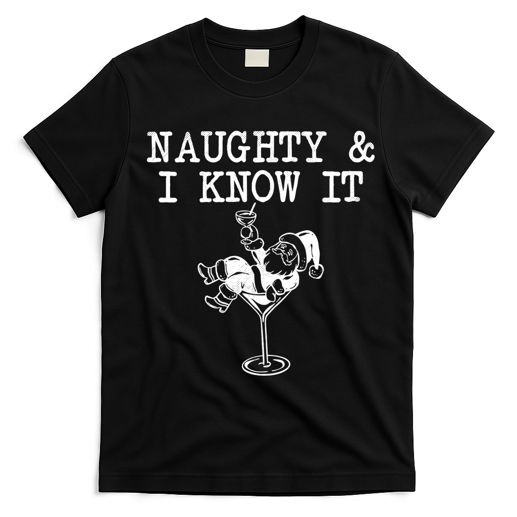 Naughty And I Know It Funny Christmas Santa T-Shirt - Black