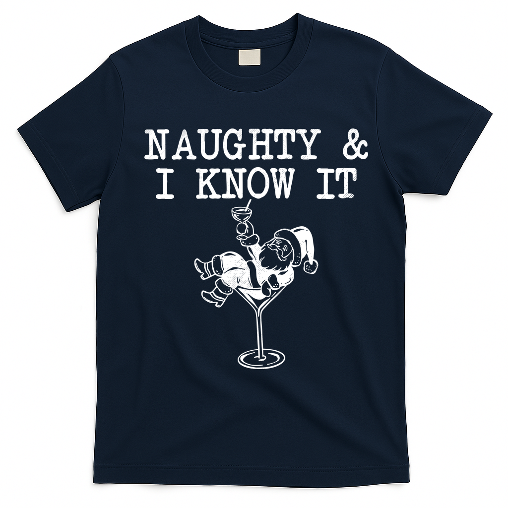 Naughty And I Know It Funny Christmas Santa T-Shirt - Navy Blue