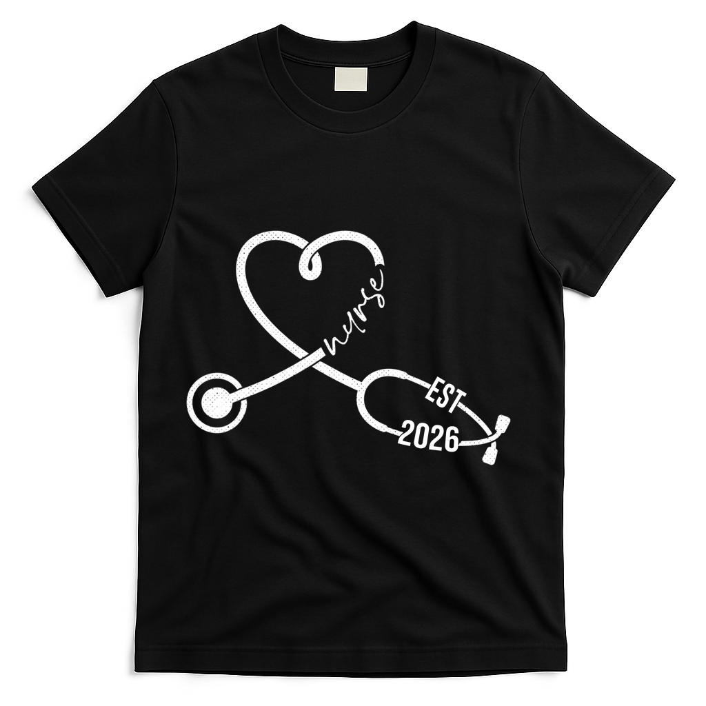 Nurse EST 2026 Cute Heart Stethoscope T-Shirt - Black