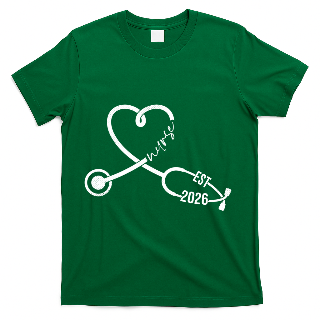 Nurse EST 2026 Cute Heart Stethoscope T-Shirt - Green