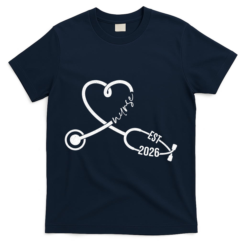 Nurse EST 2026 Cute Heart Stethoscope T-Shirt - Navy