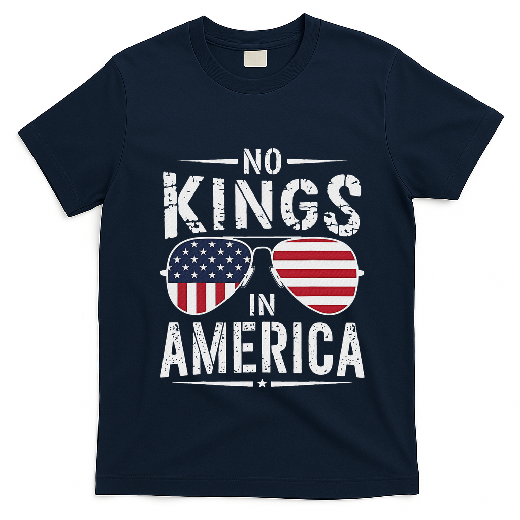 No Kings In America Sunglasses Us Flag Funny Anti Trump T-Shirt - Navy Blue