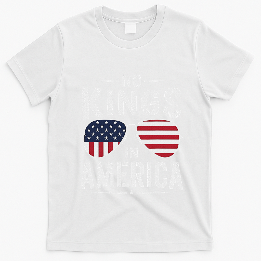 No Kings In America Sunglasses Us Flag Funny Anti Trump T-Shirt - White