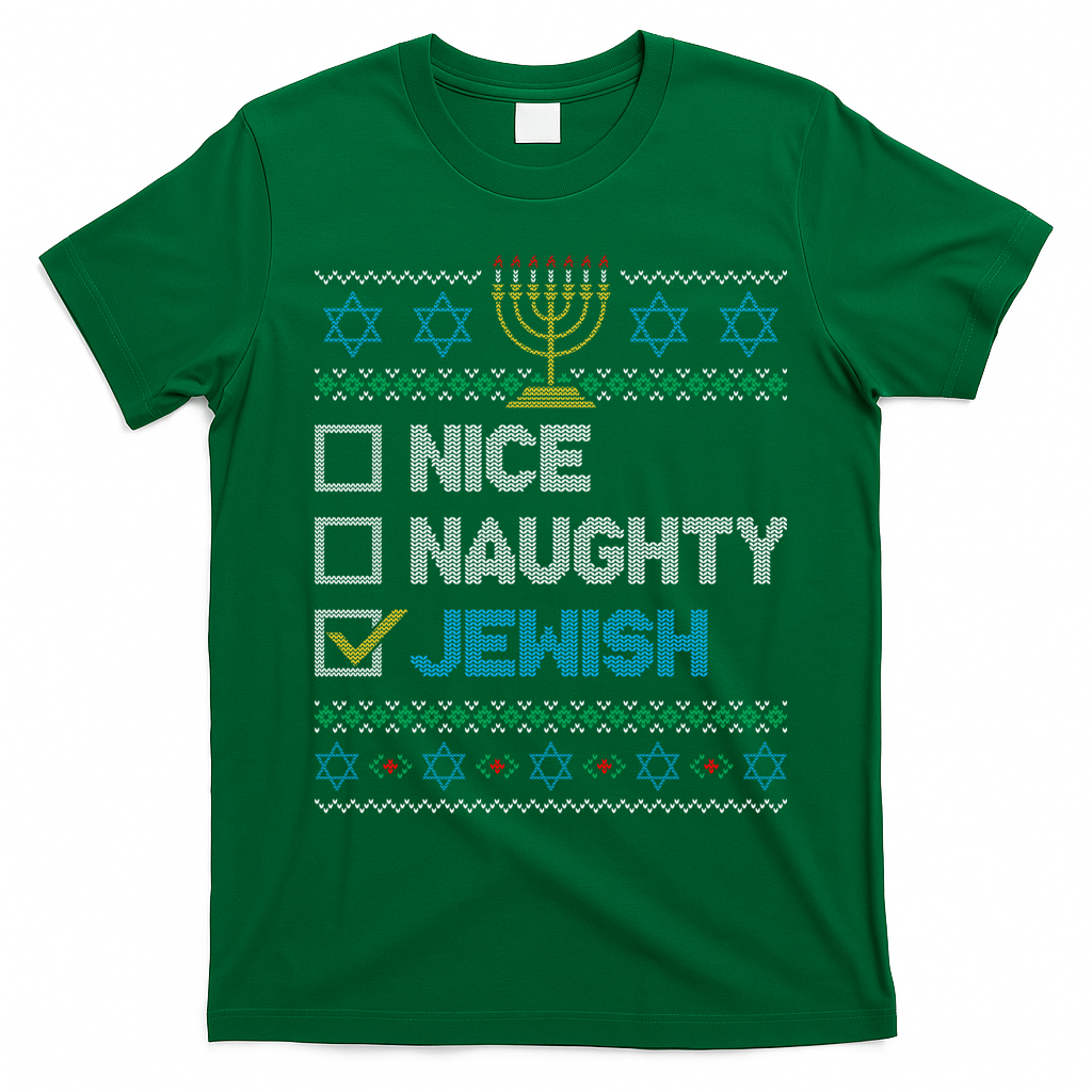Nice Naughty Jewish Ugly Christmas Sweater Funny Hanukkah T-Shirt - Irish Green