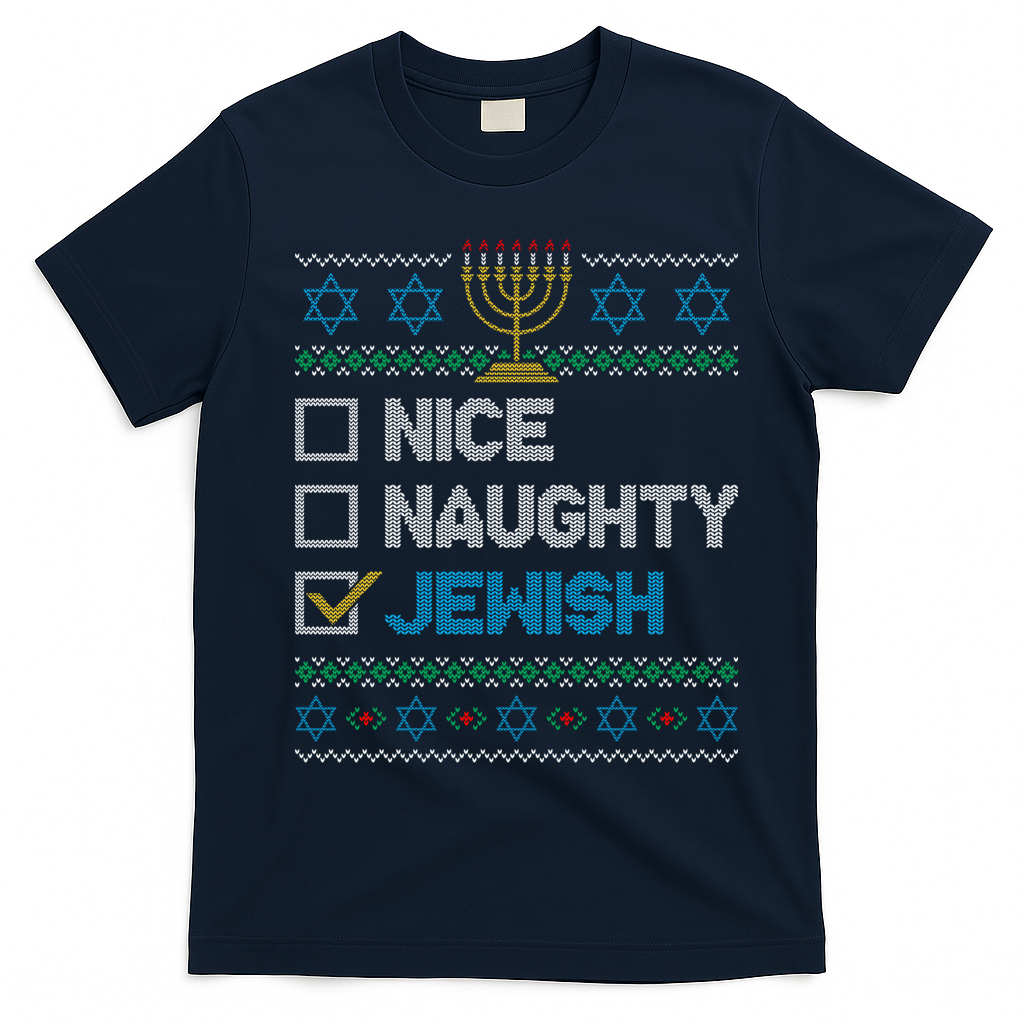 Nice Naughty Jewish Ugly Christmas Sweater Funny Hanukkah T-Shirt - Navy Blue