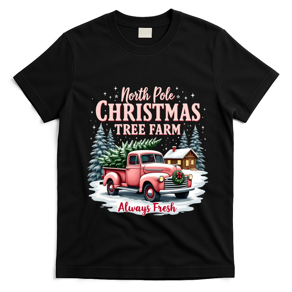 North Pole Christmas Tree Farm Always Fresh Vintage Truck Gift T-Shirt - Black